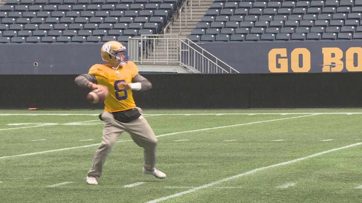 Zach Collaros practices with the Winnipeg Blue Bombers on Tuesday at IG Field.
