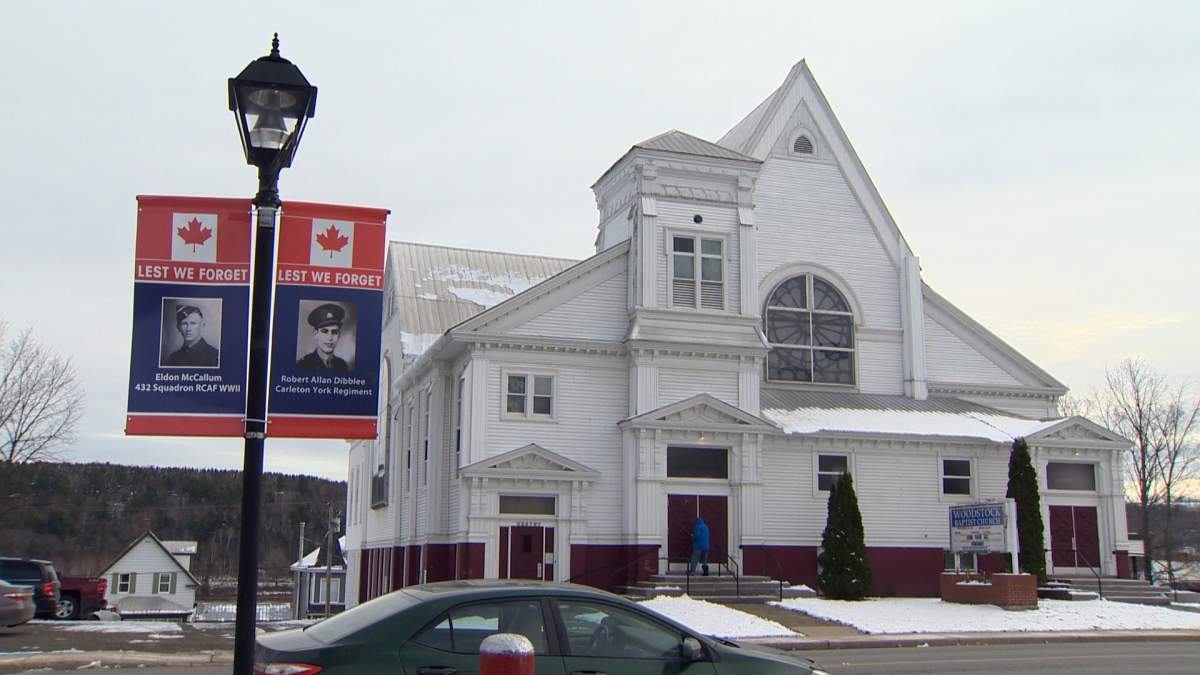 Banners through Woodstock, N.B., honour local men and women who served.