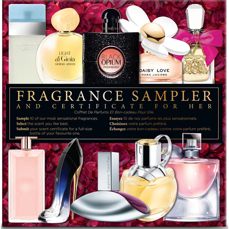 Fragrance sampler and certificate for him/her, $90, available at Shopper’s Drug Mart (includes a certificate for a full-sized bottle of your favourite one)