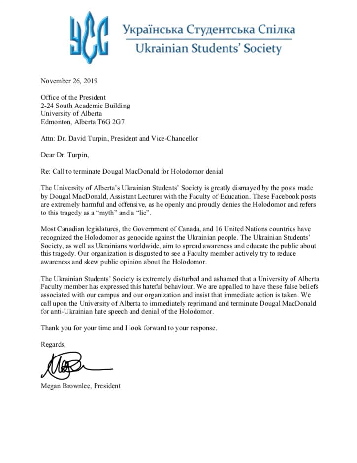 A letter from the Ukrainian Canadian Students’ Union regarding Dougal MacDonald. Nov. 27, 2019.
