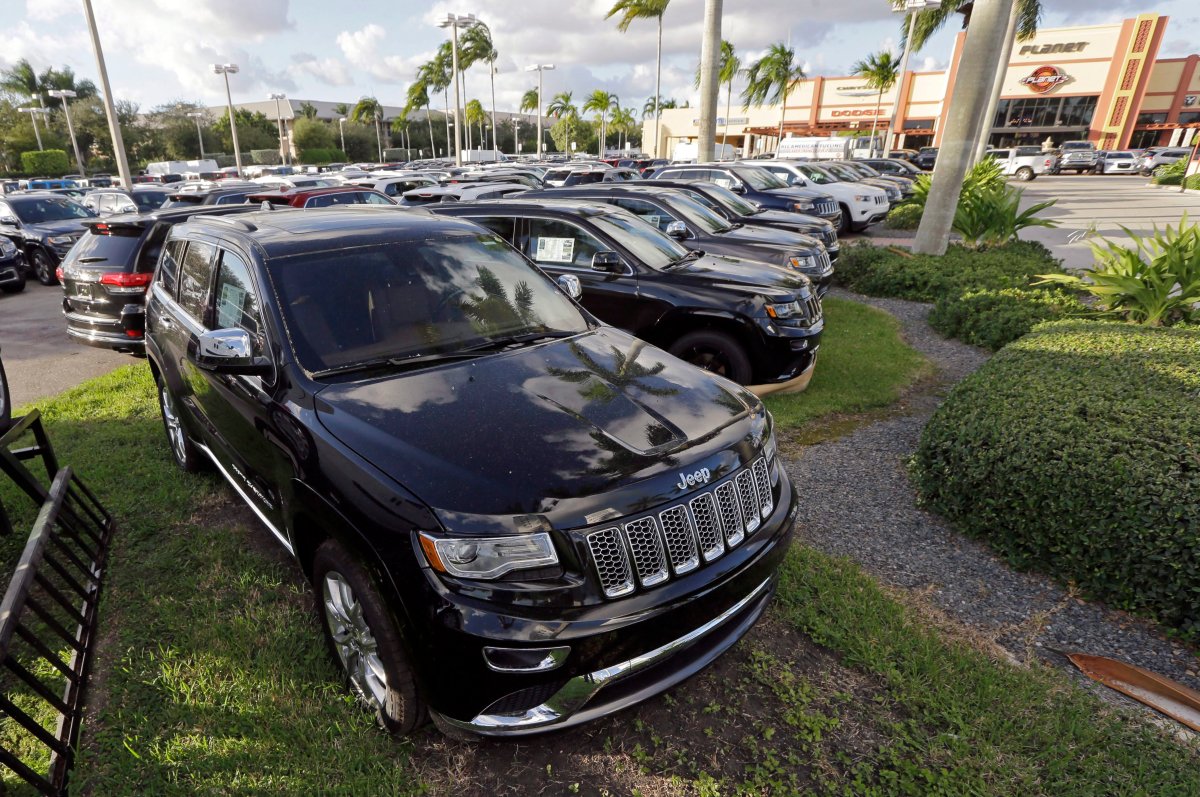 In this Thursday, Nov. 5, 2015, file photo, 2015 Grand Cherokees appear on display at a Fiat Chrysler dealership in Doral, Fla.