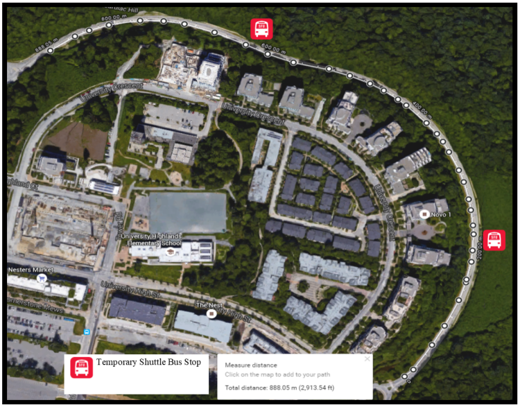 A map of the temporary additional parking area close to Simon Fraser University’s main Burnaby campus, along with shuttle bus stops in the area that can take students, faculty and staff to and from the campus and the parking area.
