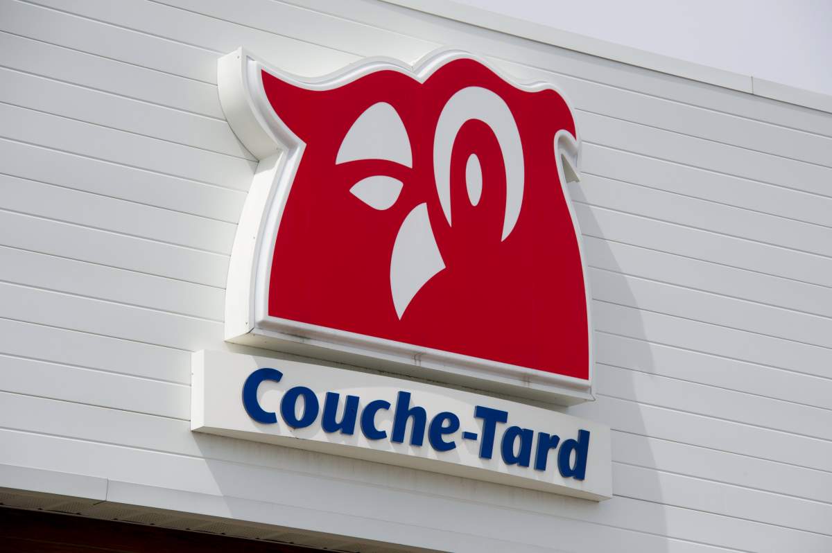 The logo of Couche-Tard corner store is pictured on a building in Gatineau, Quebec on April 24, 2018.