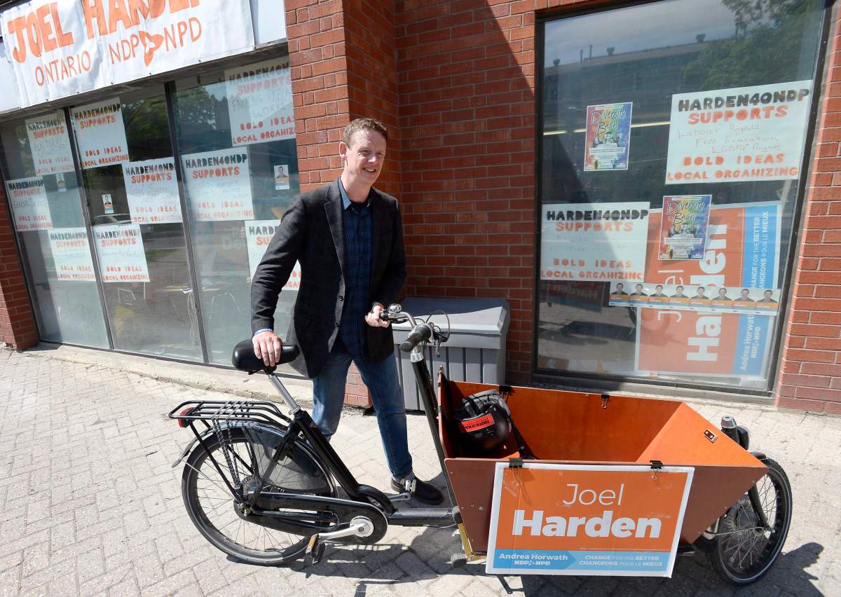 Ottawa Centre NDP candidate — now MPP — Joel Harden parks his cargo bike outside his campaign office in Ottawa on Thursday, May 24, 2018.