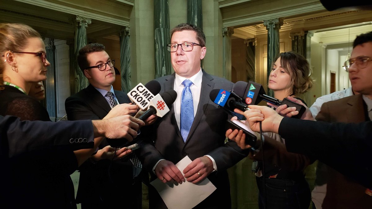 Saskatchewan Premier Scott Moe discusses the federal cabinet shuffle with reporters on Nov. 20, 2019. 