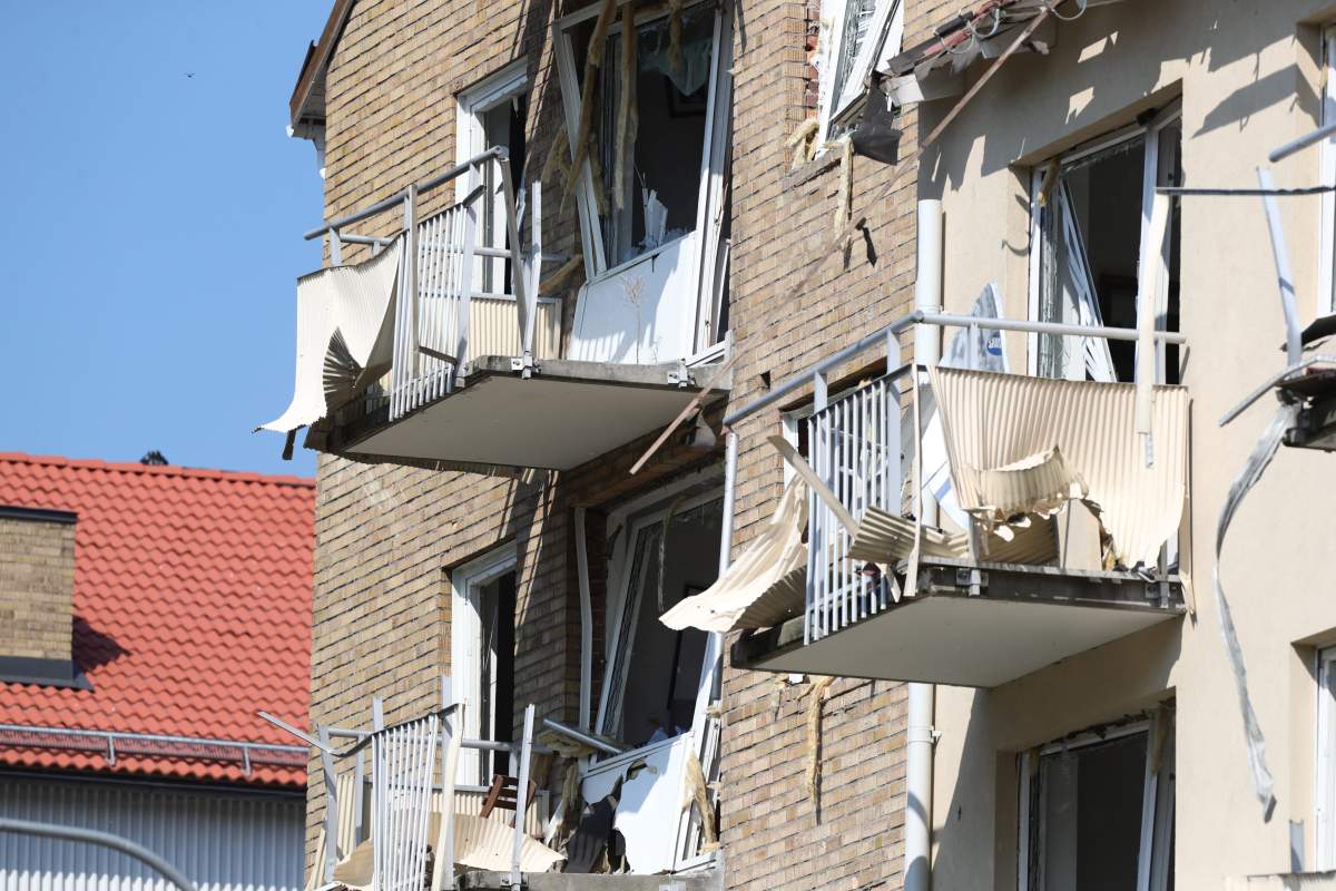 Damaged balconies and windows at a block of flats that were hit by an explosion Friday morning June 7, 2019 in Linkoping, Central Sweden. (Jeppe Gustafsson).