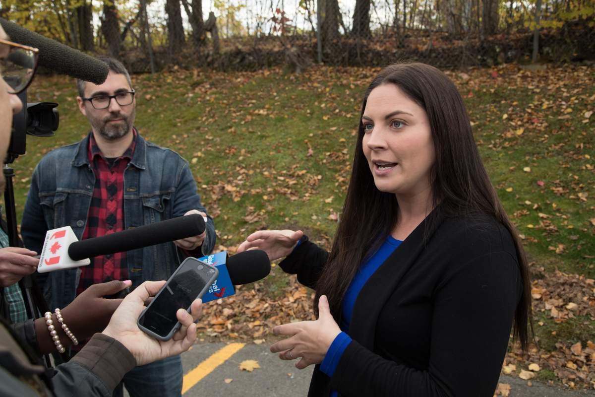 Green Party MP Jenica Atwin speaks to the media in Fredericton. (The Canadian Press)