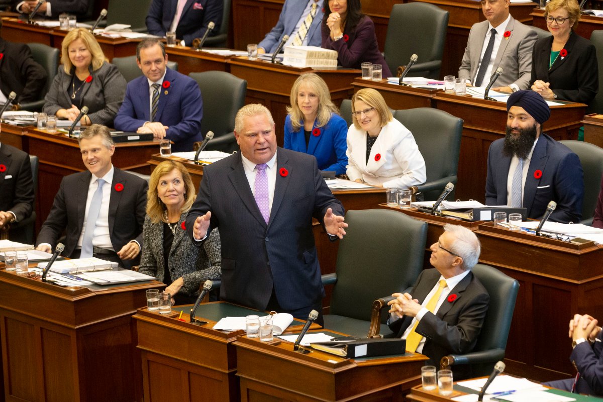 Ontario Premier Doug Ford speaks in the Ontario Legislature in Toronto, on Monday, October 28, 2019. 
