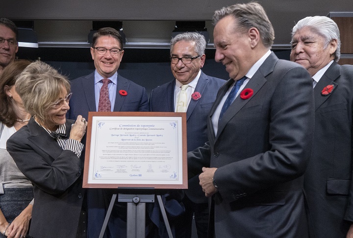 Chantal Renaud, wife of former Quebec premier Bernard Landry, Hydro Quebec president Eric Martel, Abel Bosum, Grand Chief of the Grand Council of Crees, Quebec Premier Francois Legault, and former Grand Chief Ted Moses, left to right, look at a plaque renaming the hydroelectric facilities in the Eastmain-Sarcelle-Rupert complex in memory of Bernard Landry during a ceremony in Montreal on Monday, November 4, 2019. 