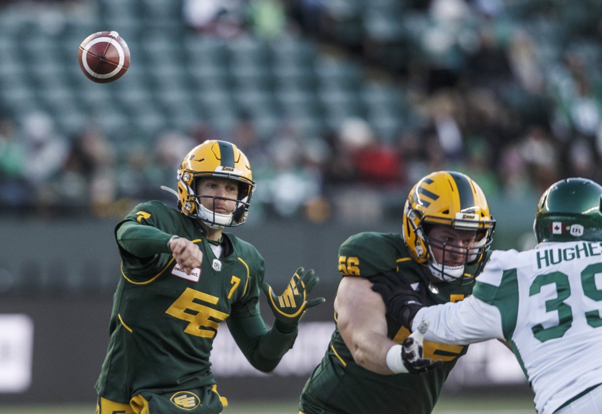 Edmonton Eskimos quarterback Trevor Harris (7) makes the throw against the Saskatchewan Roughriders during first half CFL action in Edmonton on October 26, 2019. The Edmonton Eskimos have a healthy, rested Trevor Harris back at quarterback for Sunday's East semi-final against Montreal, but their fate may hinge on how well they contain the explosive, running and gunning X-factor that is Alouette QB Vernon Adams Jr. 