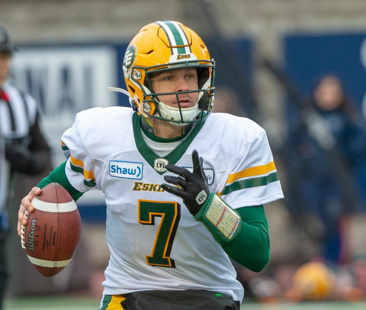 Edmonton Eskimos quarterback Trevor Harris (7) looks for an open receiver Montreal Alouettes during first quarter CFL East Semifinal football action Sunday, November 10, 2019 in Montreal. 
