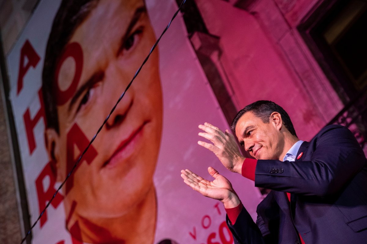 Spain's Prime Minister and Socialist Party leader Pedro Sanchez applauds outside the party headquarters following the general election in Madrid, Spain, Sunday, Nov.10, 2019. 