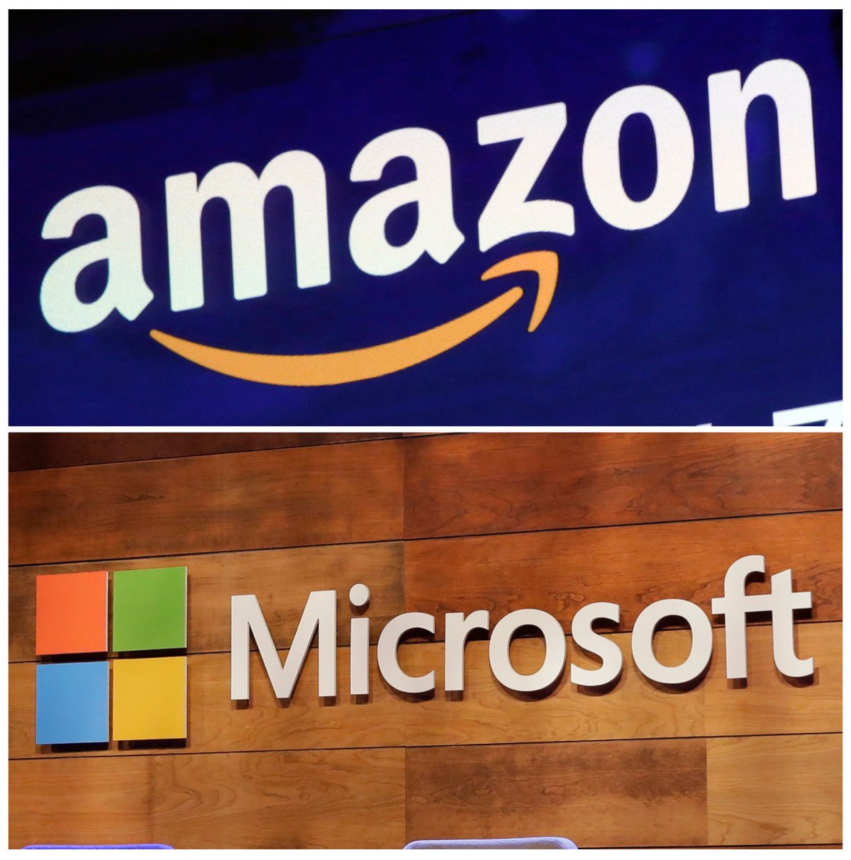 FILE - This combination of file photos shows the logos for Amazon, top, and Microsoft.