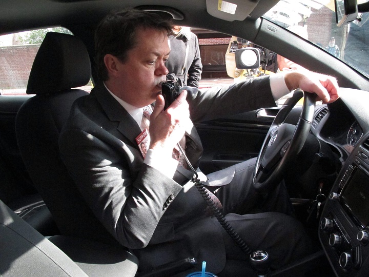 In this Feb. 10, 2016 file photo, Andrew Wisniewski, an operations manager for Smart Start of Maryland, demonstrates how an ignition interlock device works. 