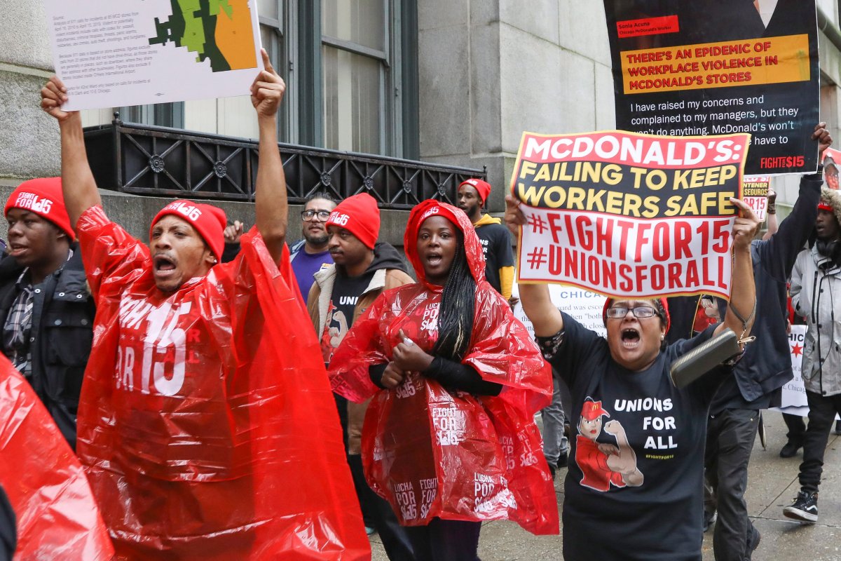 McDonald's employees protest outside City Hall in Chicago on Thursday, Nov. 21, 2019.