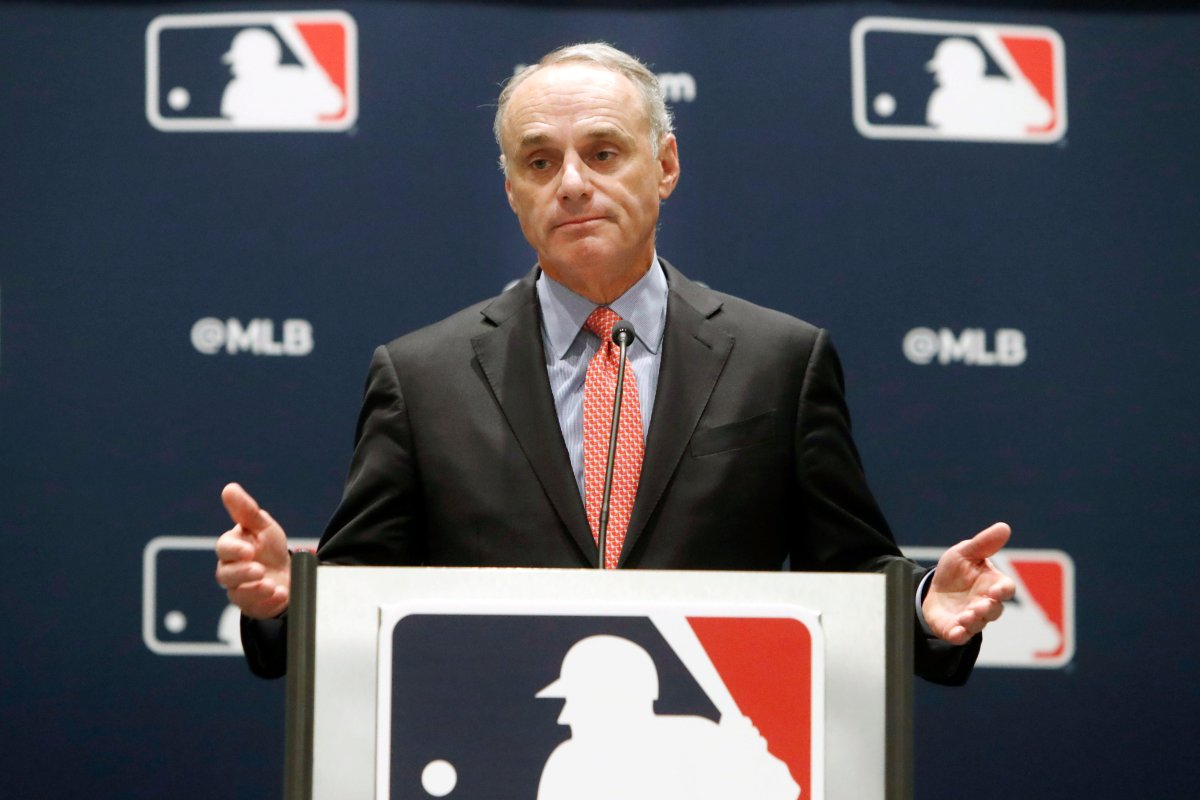Baseball commissioner Rob Manfred speaks to the media at the owners meeting in Arlington, Texas, Thursday, Nov. 21, 2019.