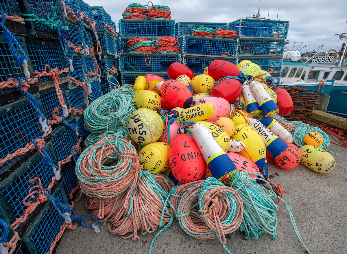 Lobster gear sits on the dock as fishermen prepare for the opening of the valuable lobster season in Newellton, on Nova Scotia's South Shore on Thursday, Nov. 21, 2019.