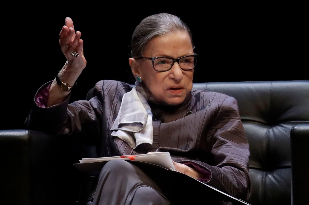 In this Oct. 21, 2019, file photo, U.S. Supreme Court Justice Ruth Bader Ginsburg gestures while speaking during the inaugural Herma Hill Kay Memorial Lecture at the University of California at Berkeley, in Berkeley, Calif. 