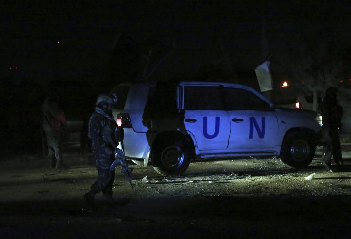 Afghan security personnel arrive at the site of explosion in Kabul, Afghanistan, Sunday, Nov. 24, 2019. An Afghan official said the blast in that capital Kabul targeting a United Nations vehicle has left at least 1 dead. Nasrat Rahimi, spokesman for the Interior Ministry, said several others were wounded in the attack. 