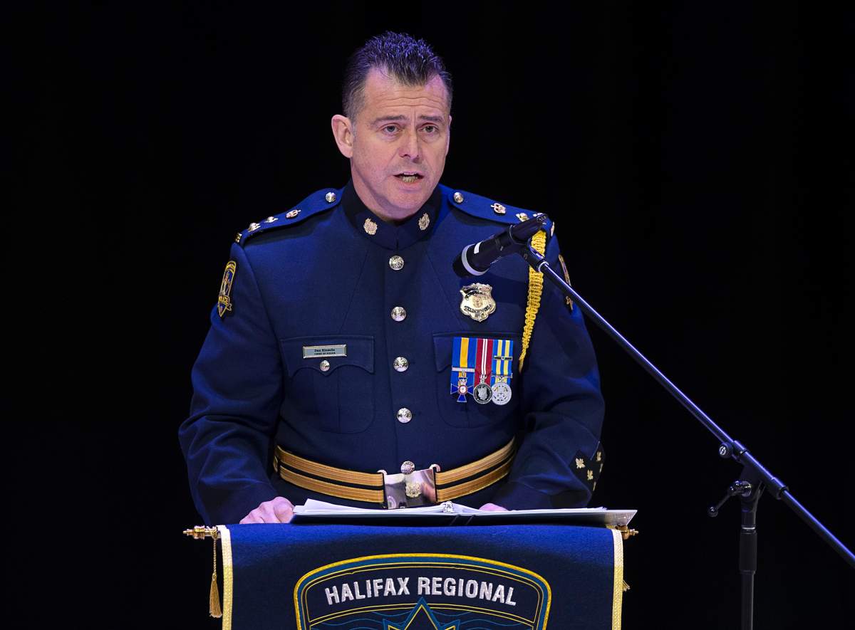 Halifax Regional Police Chief Dan Kinsella addresses the audience as the force deals with historic complaints of racial profiling in Halifax on Friday, Nov. 29, 2019.