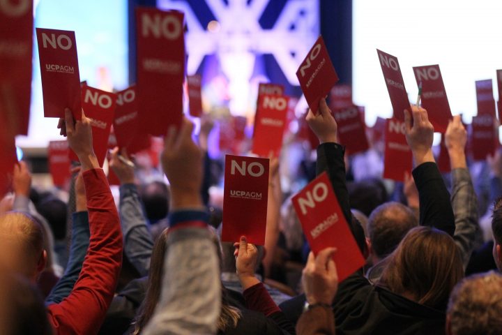 Delegates vote on policies during Plenary sessions at the Alberta United Conservative Party Annual General Meeting in Calgary, Alta., Saturday, Nov. 30, 2019.