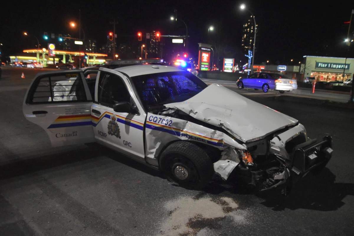 Coquitlam RCMP confirm one of the vehicles in the crash was an RCMP cruiser, and an officer has been sent to hospital.