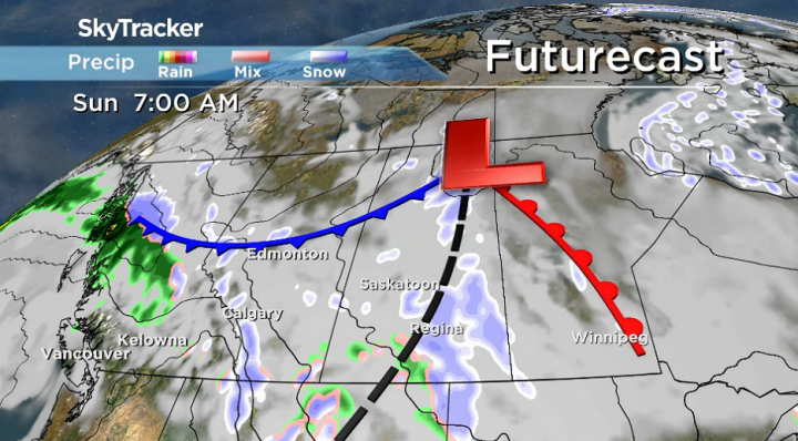 A system passing through the province on Sunday will bring in more snow to Saskatoon and Regina.