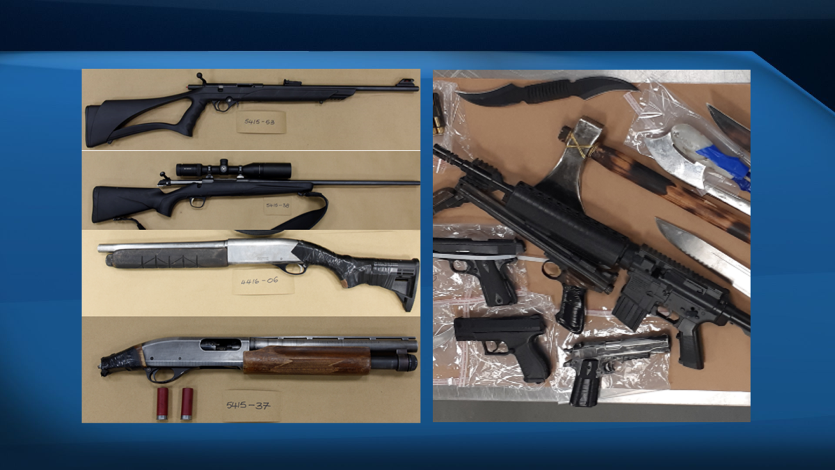 Multiple weapons in display that were part of an Oct. 24, 2019, search of an Albert Park home in Calgary.