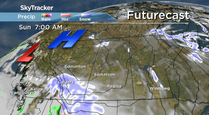An arctic ridge of high pressure brings back sunshine during the day on Sunday with a return to cold air.