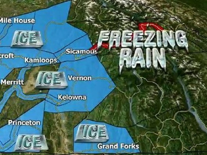According to Environment Canada, there's a risk of freezing rain for many regions in the Southern Interior. There's also a snowfall warning of 15 to 25 centimetres is expected from Eagle Pass to Rogers Pass.