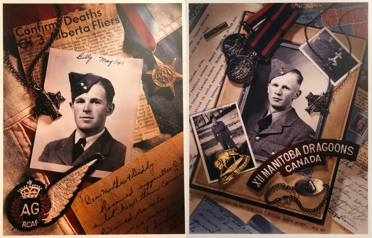 Photos of William "Billy" Murphy and Kenneth "Kenny" Murphy, surrounded by memorabilia from the Second World War, in which they served.