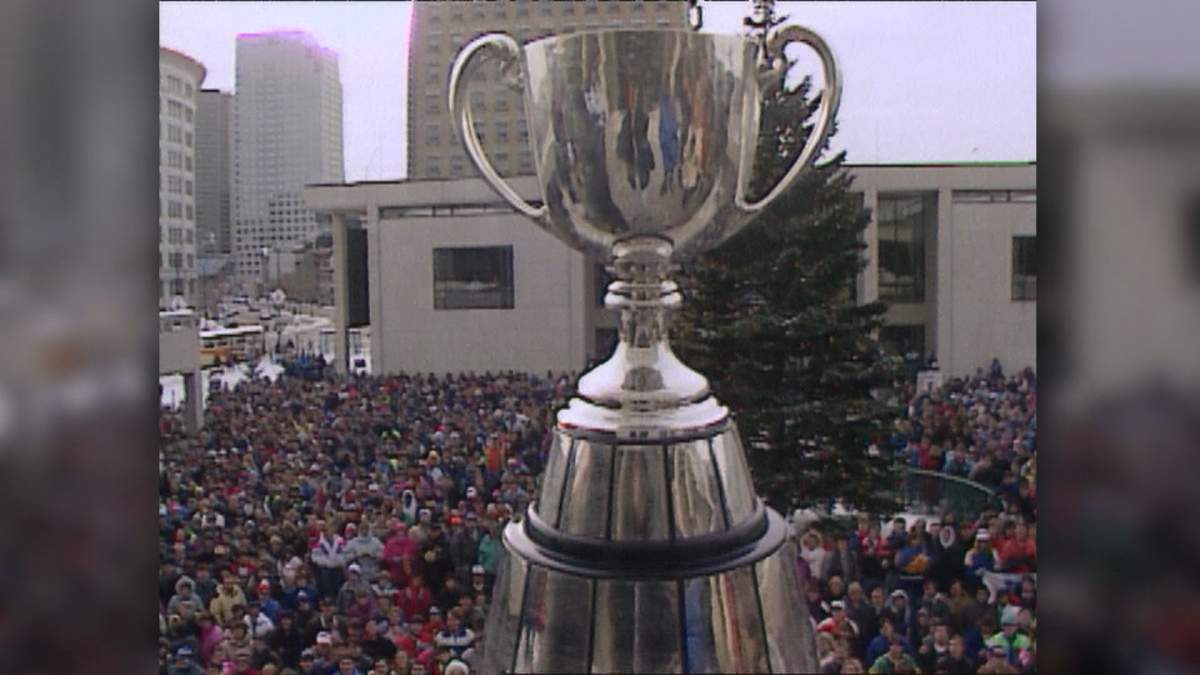 The party at City Hall in 1990 when the Blue Bombers brought home the Grey Cup.