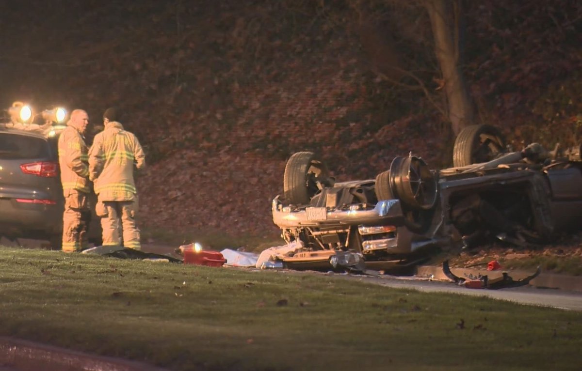 Fire crews at the scene of a fatal crash on the Vancouver-Burnaby border on Nov. 30, 2019.