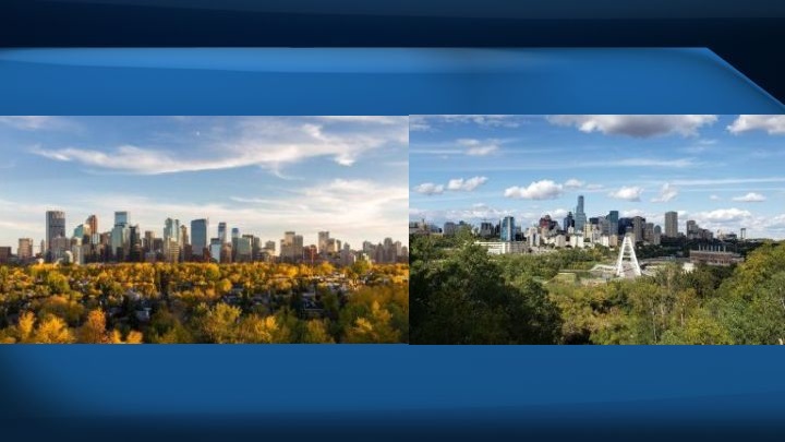 A file photo of Calgary is seen on the left and a file photo of Edmonton is seen on the right.