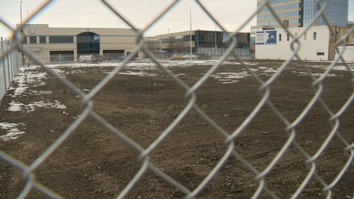The refilled Capital Pointe hole, at the corner of Victoria Avenue and Albert Street, will become a parking lot for one year. 