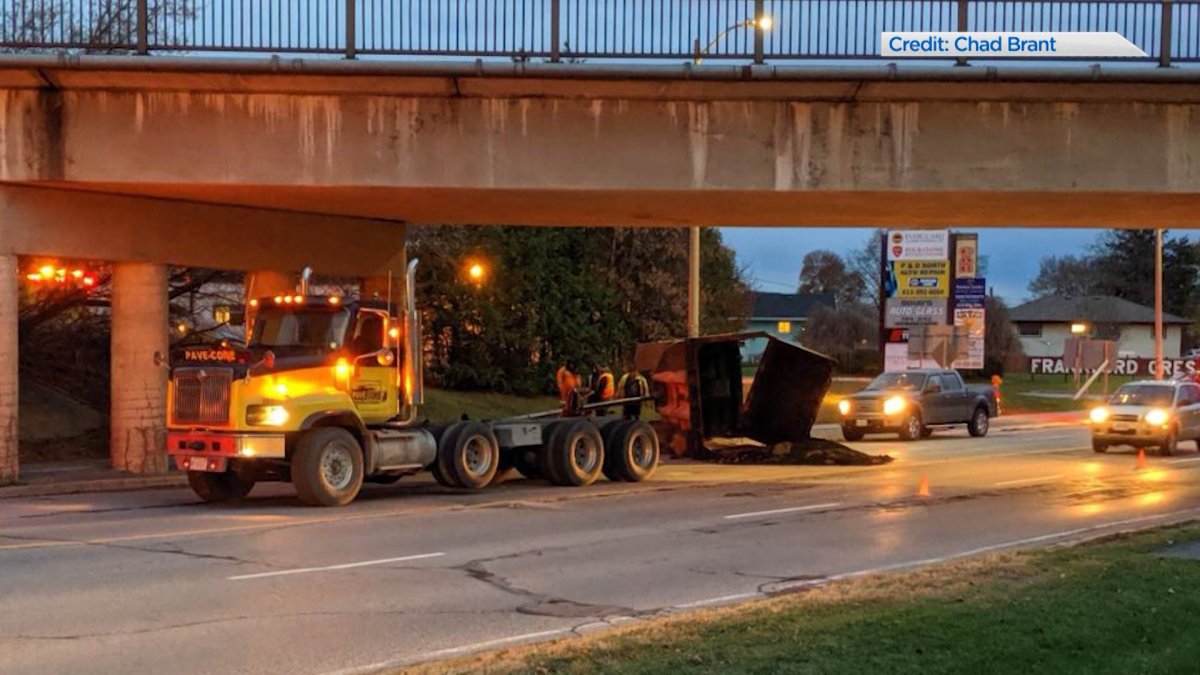 Trenton Street in Quinte West is closed after a truck carrying cement struck a bridge overpass in Trenton on Monday.