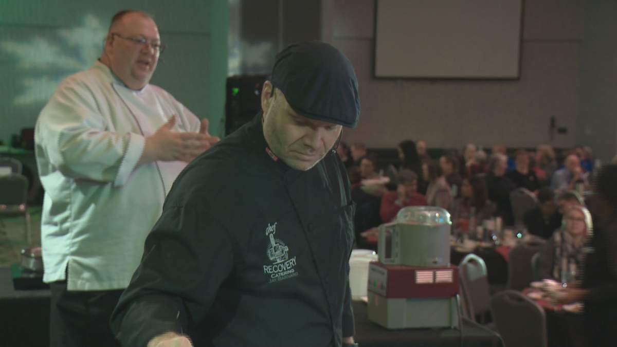 Edmonton Chef James Hamsen (L) and “Chef Recovery” Jay Barnard competed in a Food Bank Challenge to kickoff the Salvation Army’s Kettle Campaign.
