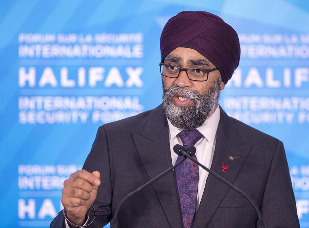 Canadian Defence Minister Harjit Sajjan fields questions at the closing news conference at the Halifax International Security Forum in Halifax on Sunday, Nov. 19, 2017.