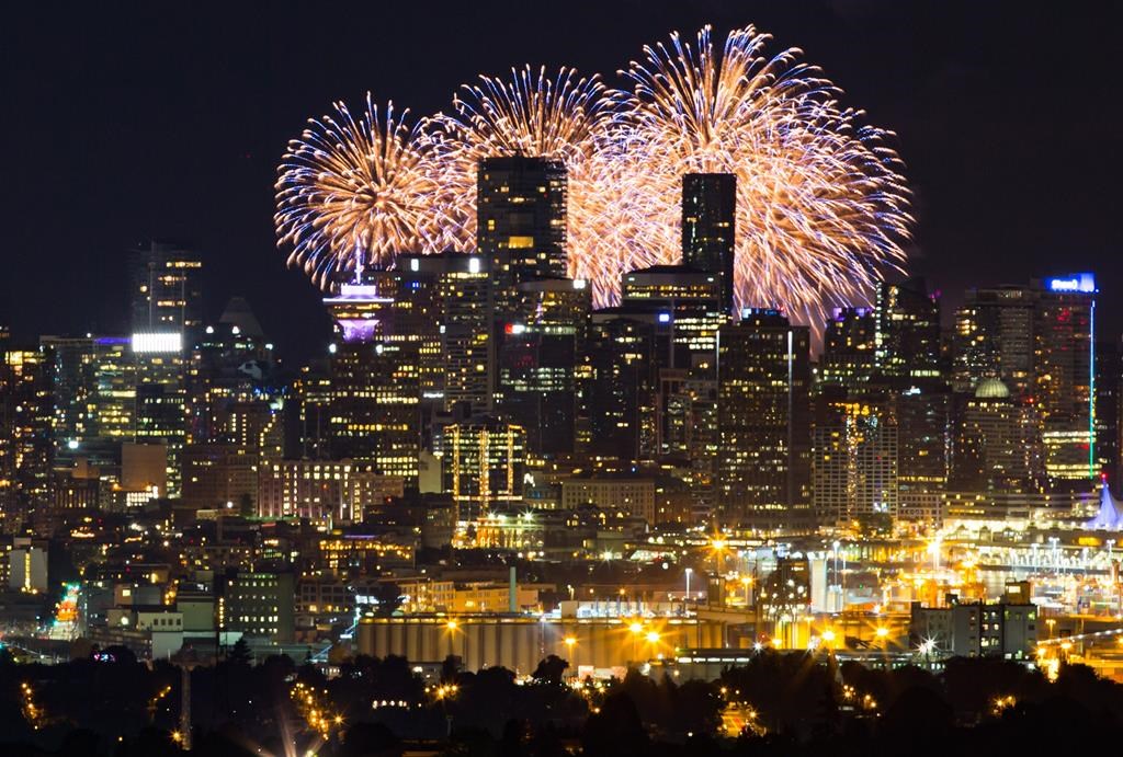 Seen from Burnaby Mountain approximately 16 kilometres away, fireworks explode behind the downtown Vancouver skyline as a pyrotechnic team from Croatia closes out the final night of the Honda Celebration of Light, in Vancouver, on Saturday August 3, 2019.