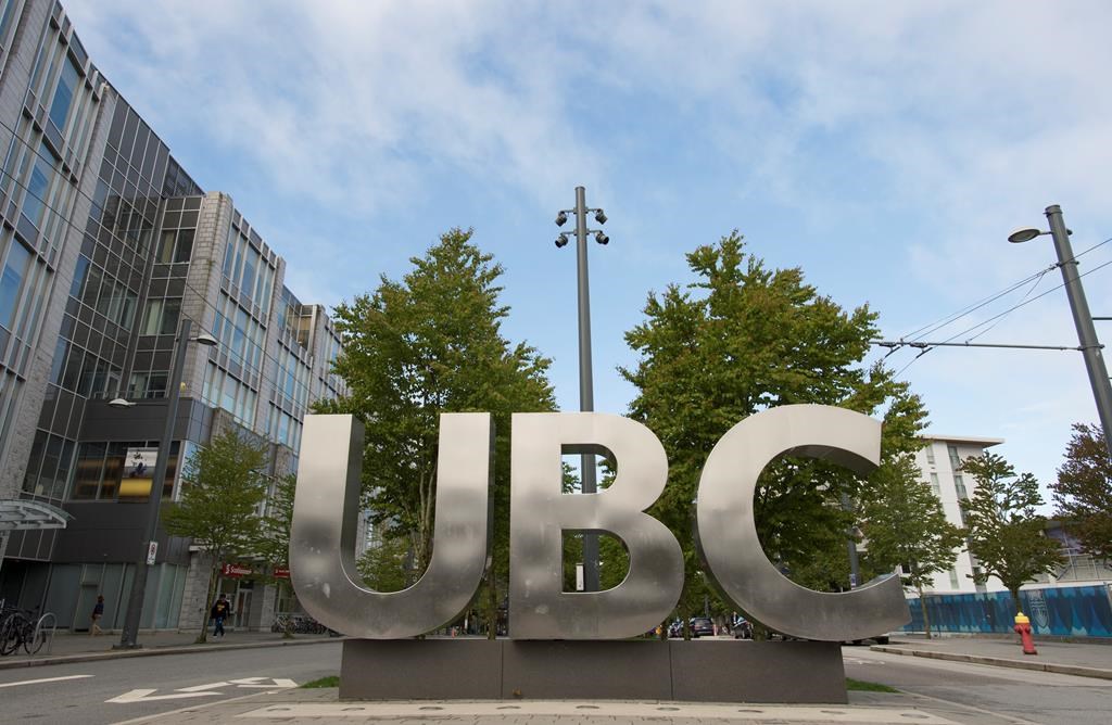 The UBC sign is pictured at the University of British Columbia in Vancouver on April 23, 2019. THE CANADIAN PRESS/Jonathan Hayward.