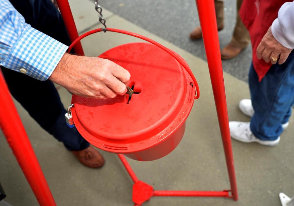 Money gets dropped into the kettle during the Annual Salvation Army Red Kettle donation drive. THE CANADIAN PRESS/AP-Michael Holahan.