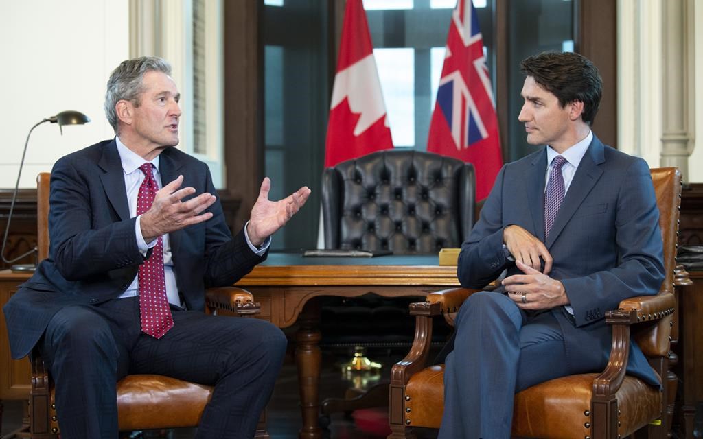 Prime Minister Justin Trudeau meets with Manitoba Premier Brian Pallister, left, on Parliament Hill, in Ottawa on Wednesday, May 29, 2019. Manitoba Premier Brian Pallister is hoping to discuss pipelines, flood protection and other issues during a one-hour meeting Friday with Prime Minister Justin Trudeau. THE CANADIAN PRESS/Adrian Wyld.