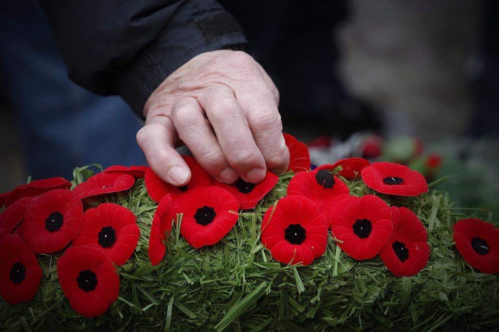 Poppies are placed on a wreath at a cenotaph during a Remembrance Day service in Winnipeg, Saturday, Nov. 11, 2017.