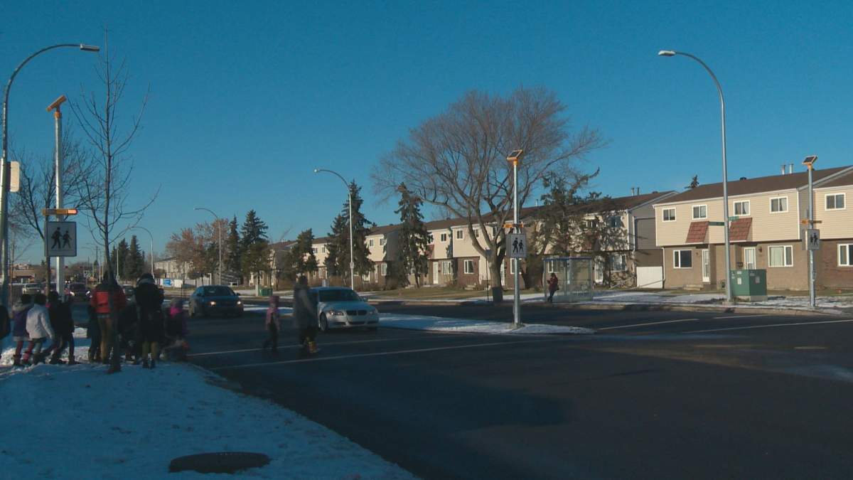 Students from Homesteader School in northeast Edmonton celebrate lights at a nearby crosswalk, after writing letters to city hall.