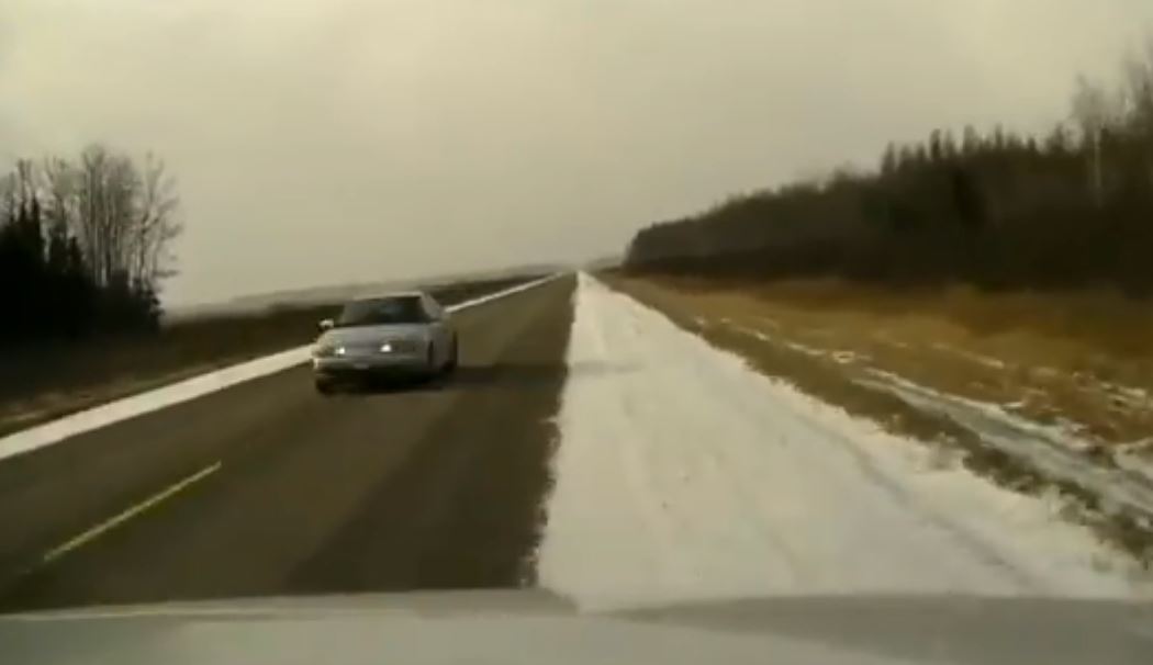 A near-miss on the highway, from the perspective of an RCMP cruiser.