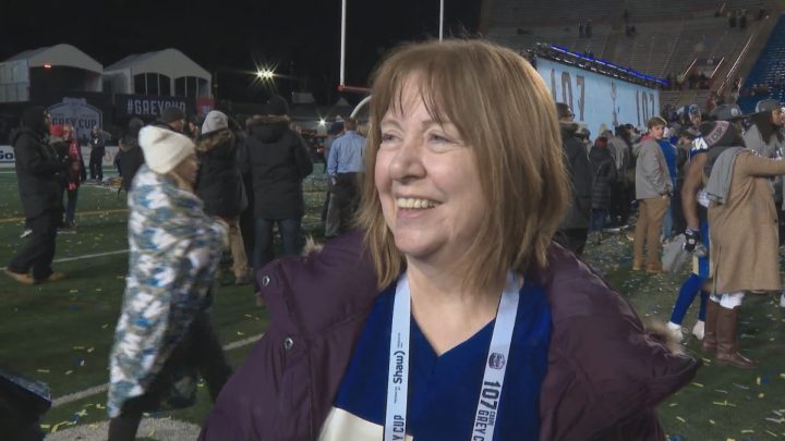 Darla Matthew, the wife of “shorts guy,” celebrates the Winnipeg Blue Bombers’ Grey Cup win on the field in Calgary on Sunday, Nov. 24, 2019.
