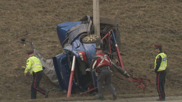 Calgary police investigated a crash on Deerfoot Trail at 130 Avenue S.E. on Sunday, Nov. 17, 2019.