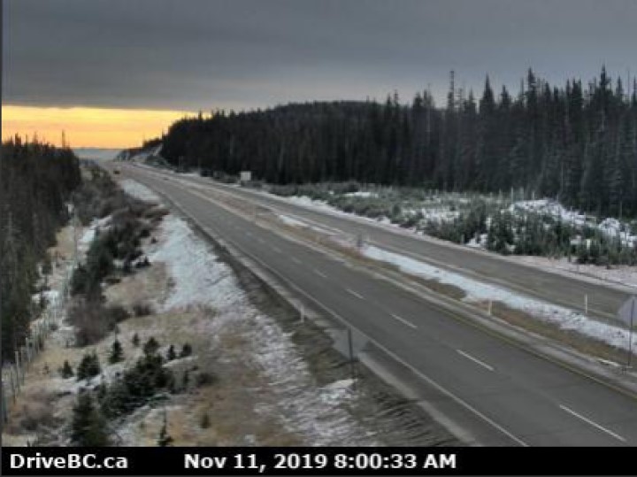 A Drive BC highway cam image of Highway 97C looking east from the Pennask Summit around 8 a.m. Monday morning. 