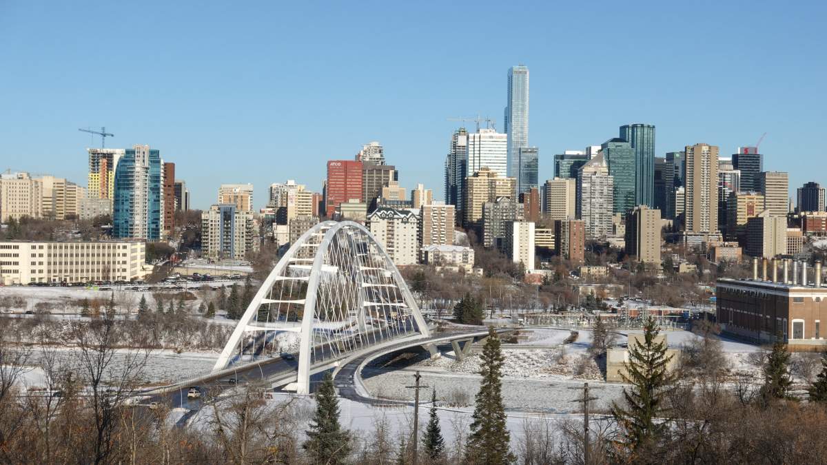 A view of the Walterdale Bridge and downtown Edmonton, taken from across the North Saskatchewan River. November 20, 2019.