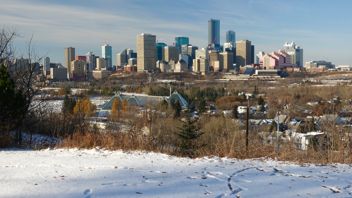 Looking across the North Saskatchewan River at the Muttart Conservatory and downtown Edmonton, Alta. November 20, 2019. 